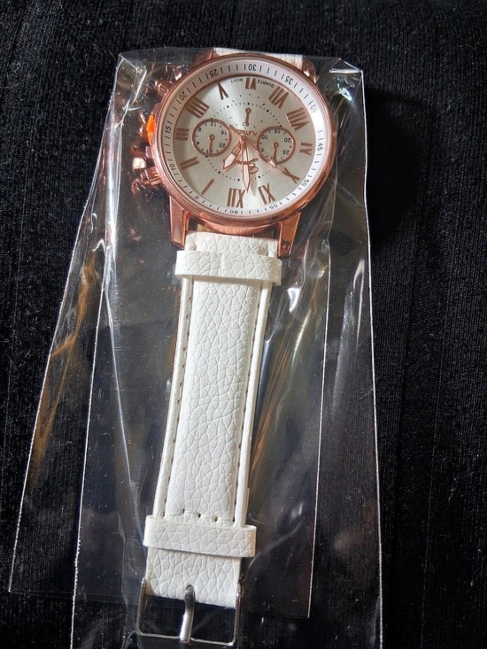 Geneva Platinum Rose Gold Tone White Faux Leather Strap Watch